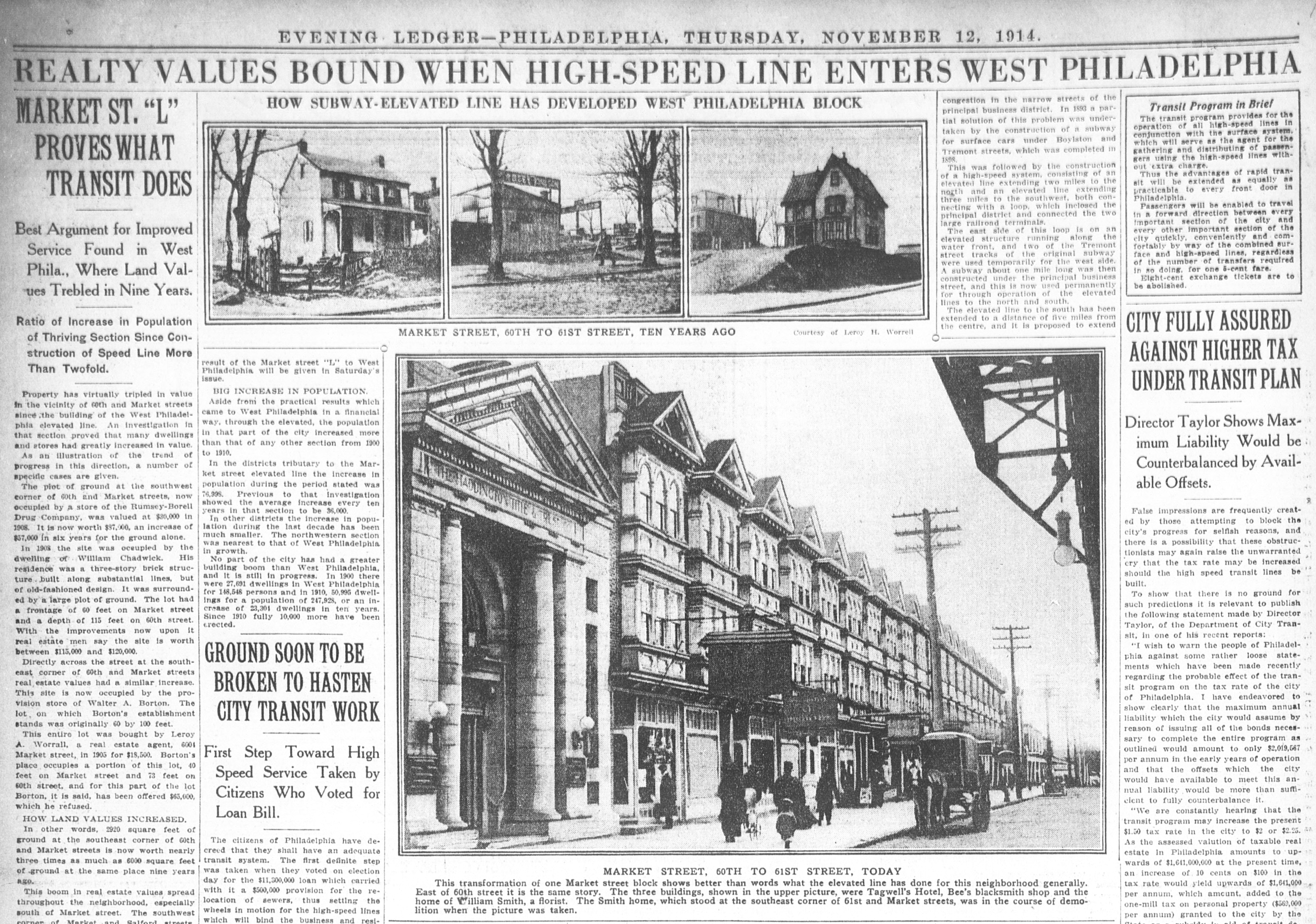Philadelphia Evening Ledger page illustrating the Market Elevated's impact on West Philadelphia's growth in 1914.