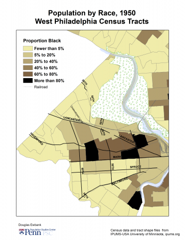 Map showing density of Black population in West Philadelphia, 1950