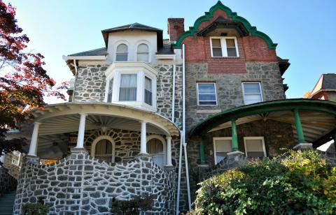 Two different styles on a twin house in Overbrook.