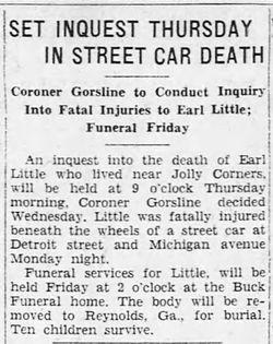 Black and white photo of newspaper clipping reads: SET INQUEST THURSDAY IN STREET CAR DEATH/Coroner Gorsline to Conduct Inquiry into Fatal Injuries to Earl Little; Funeral Friday.
