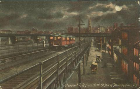 An early 20th-century postcard displays the Market Elevated subway at 32nd and Market Streets.