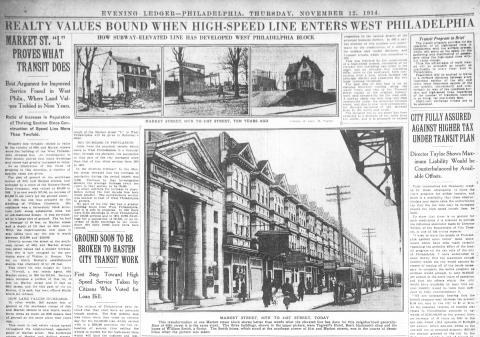 Philadelphia Evening Ledger page illustrating the Market Elevated's impact on West Philadelphia's growth in 1914.