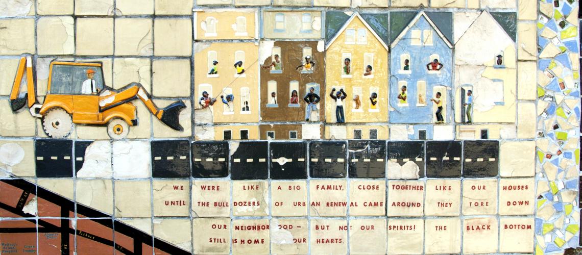 A mosaic displaying a bulldozer approaching a row of houses filled with African American residents. 