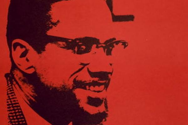 Red tinted graphic image of Malcolm X beside a slogan that reads BY ANY MEANS NECESSARY.