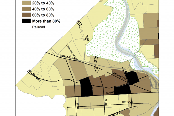 Map showing density of Black population in West Philadelphia, 1950