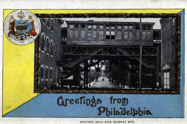 Postcard featuring a view of the Market Elevated station platform at 40th and Market Streets