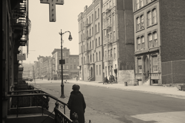 Vintage black and white photo of a nearly deserted street in Harlem, early 1940s. At left, the silhouette of an elderly woman, her back to the camera, is seen on the sidewalk in the shade of brownstone tenements. A white cross, perhaps emblematic of a Protestant mission, hangs from a metal triangle-ball device. A tall post lamp is on the sidewalk in front of the woman. On the right side of the street, early morning sunlight bathes five-story brownstones.